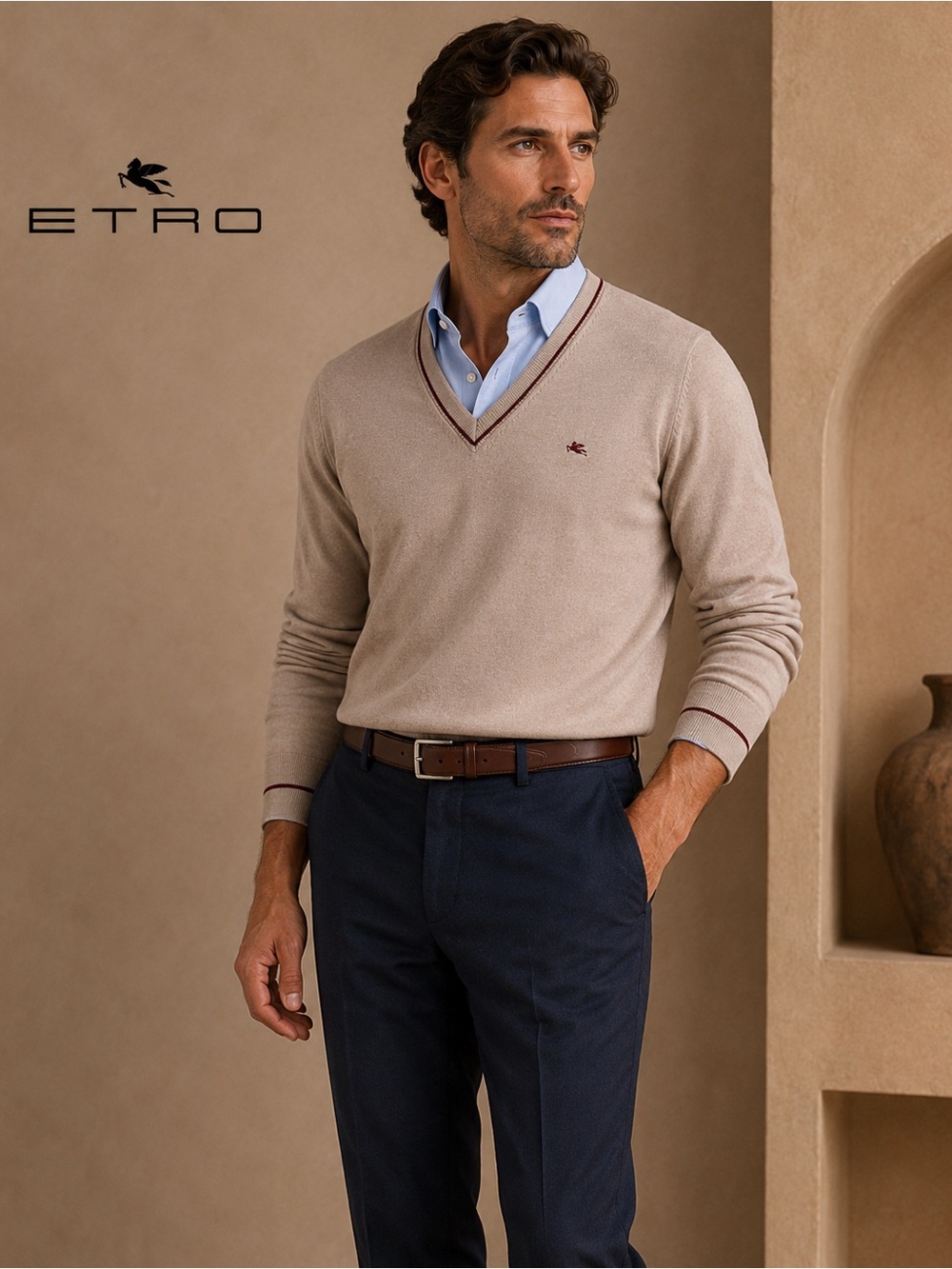 Etro Men's Beige V-Neck Sweater with Contrast Trim XL Slim Fit L